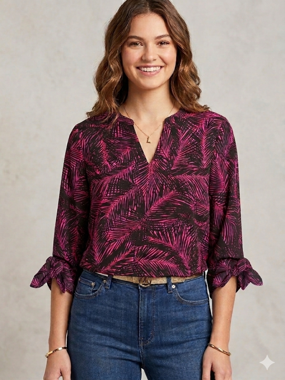 Michael Kors Pink Palm Leaf Split Neck Tie-Cuff Sleeve Blouse Large